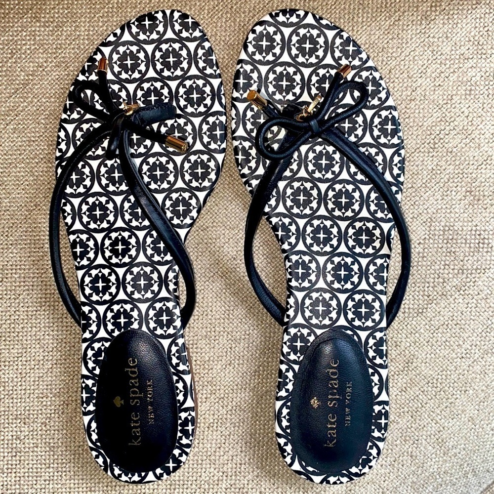 Kate spade sandals - black , white & gold .